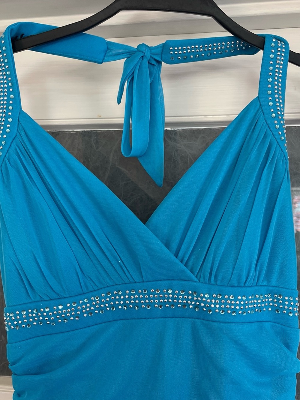 Y2k Turquoise Halter-Back High-Low Fairy  Dress with Rhinestone Accents - Picture 2 of 8